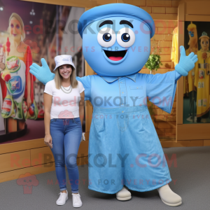 Blue Spaghetti mascot costume character dressed with a Mom Jeans and Belts