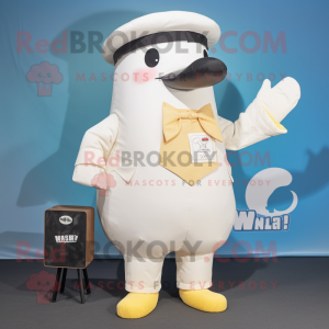 Cream Whale mascot costume character dressed with a Vest and Gloves