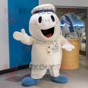 Cream Whale mascot costume character dressed with a Vest and Gloves