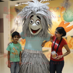 Silver Biryani mascot costume character dressed with a Mom Jeans and Hair clips