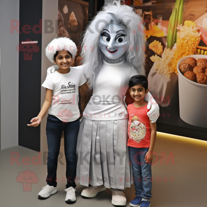 Silver Biryani mascot costume character dressed with a Mom Jeans and Hair clips