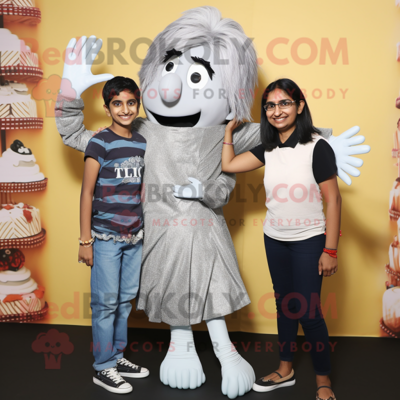 Silver Biryani mascot costume character dressed with a Mom Jeans and Hair clips Silver Biryani mascot costume character dressed with a Mom Jeans and Hair clips