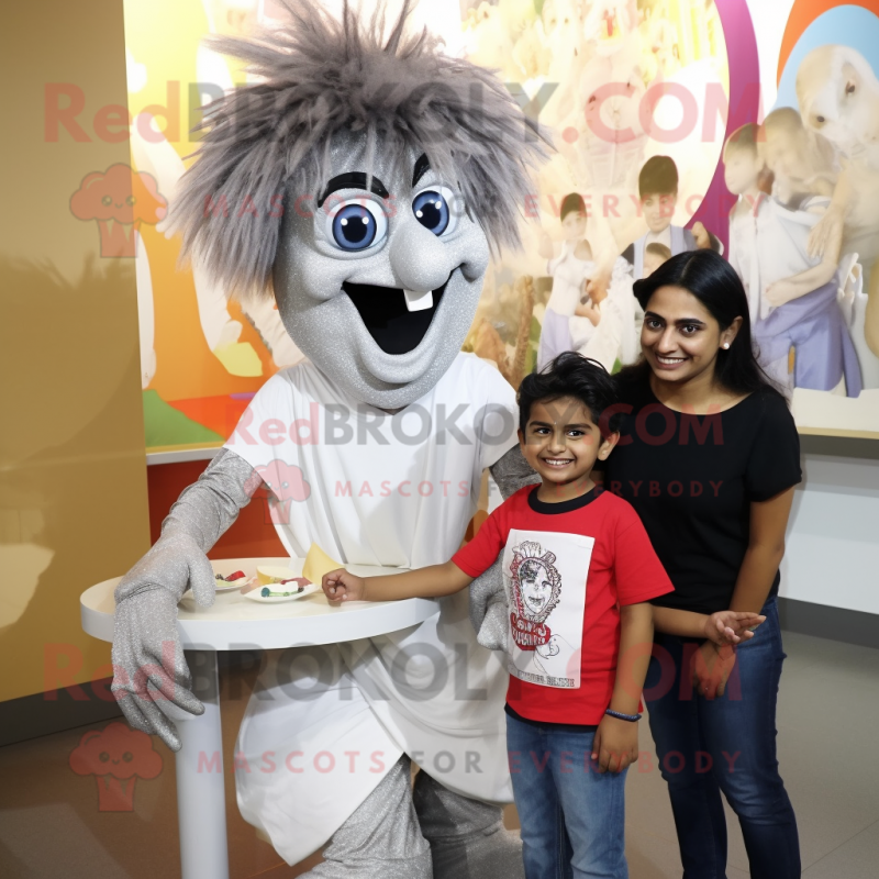 Silver Biryani mascot costume character dressed with a Mom Jeans and Hair clips Silver Biryani mascot costume character dressed with a Mom Jeans and Hair clips