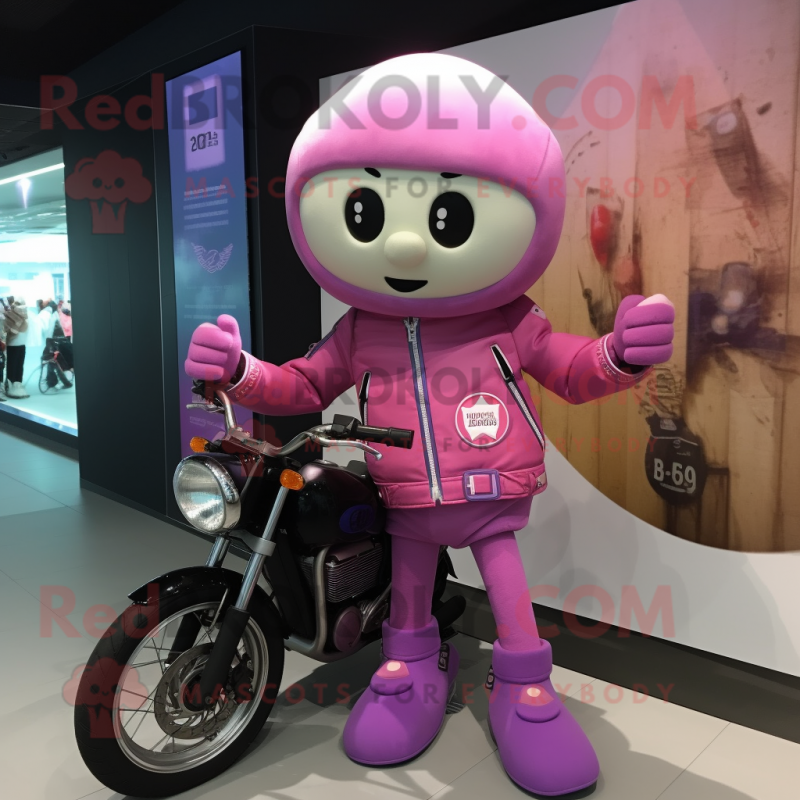 Lavender Pink mascot costume character dressed with a Moto Jacket and Messenger bags Lavender Pink mascot costume character dressed with a Moto Jacket and Messenger bags