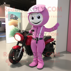 Lavender Pink mascot costume character dressed with a Moto Jacket and Messenger bags