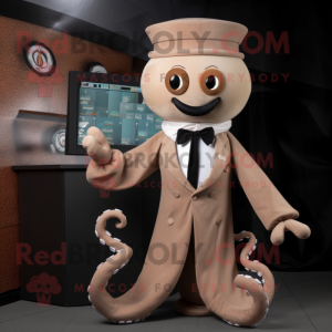 Tan Octopus mascot costume character dressed with a Tuxedo and Belts