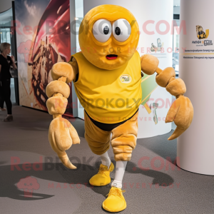 Yellow Hermit Crab mascot costume character dressed with a Running Shorts and Rings