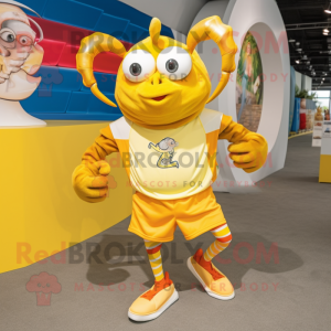 Yellow Hermit Crab mascot costume character dressed with a Running Shorts and Rings