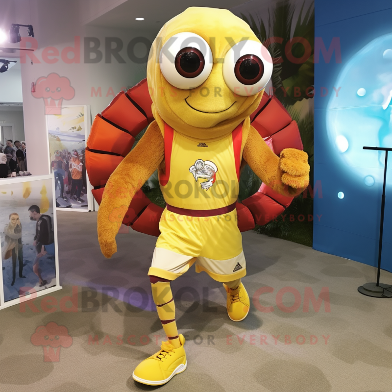 Yellow Hermit Crab mascot costume character dressed with a Running Shorts and Rings Yellow Hermit Crab mascot costume character dressed with a Running Shorts and Rings
