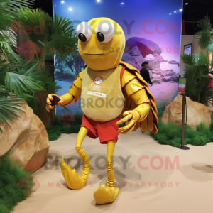 Yellow Hermit Crab mascot costume character dressed with a Running Shorts and Rings