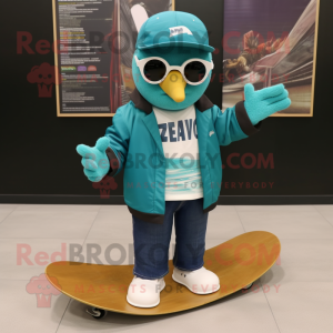 Teal Skateboard mascot costume character dressed with a Jacket and Reading glasses