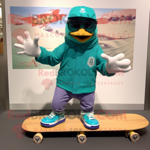 Teal Skateboard mascot costume character dressed with a Jacket and Reading glasses