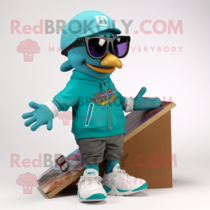 Teal Skateboard mascot costume character dressed with a Jacket and Reading glasses