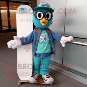 Teal Skateboard mascot costume character dressed with a Jacket and Reading glasses