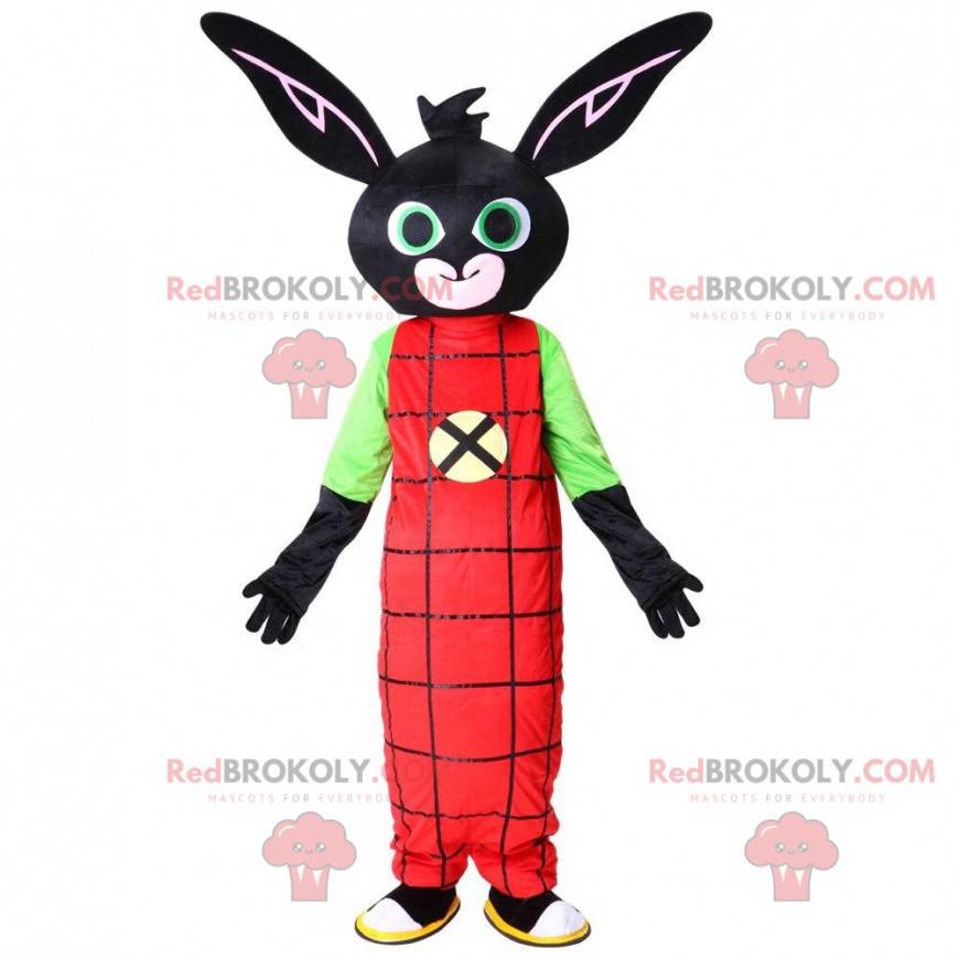 Mascote coelho preto com uma combinação vermelha, pelúcia preta