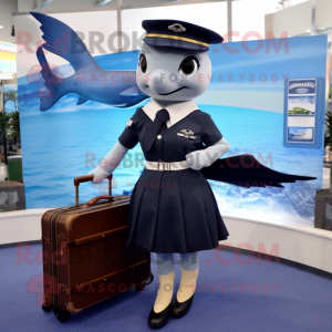 Navy Swordfish mascot costume character dressed with a Mini Skirt and Briefcases