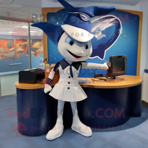 Navy Swordfish mascot costume character dressed with a Mini Skirt and Briefcases