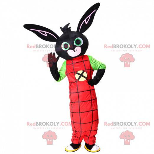 Mascotte coniglio nero con una combinazione rossa, peluche nero