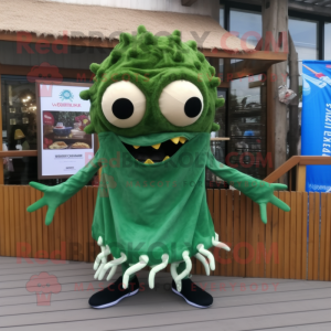Forest Green Fried Calamari mascot costume character dressed with a Board Shorts and Tie pins