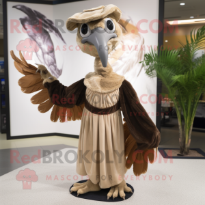 Tan Archeopteryx mascot costume character dressed with a Evening Gown and Beanies