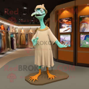 Tan Archeopteryx mascot costume character dressed with a Evening Gown and Beanies