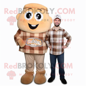 Tan Apricot mascot costume character dressed with a Flannel Shirt and Shoe laces