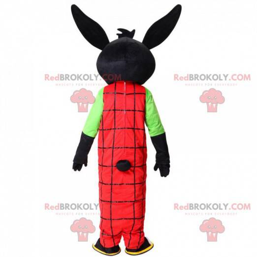 Mascotte coniglio nero con una combinazione rossa, peluche nero