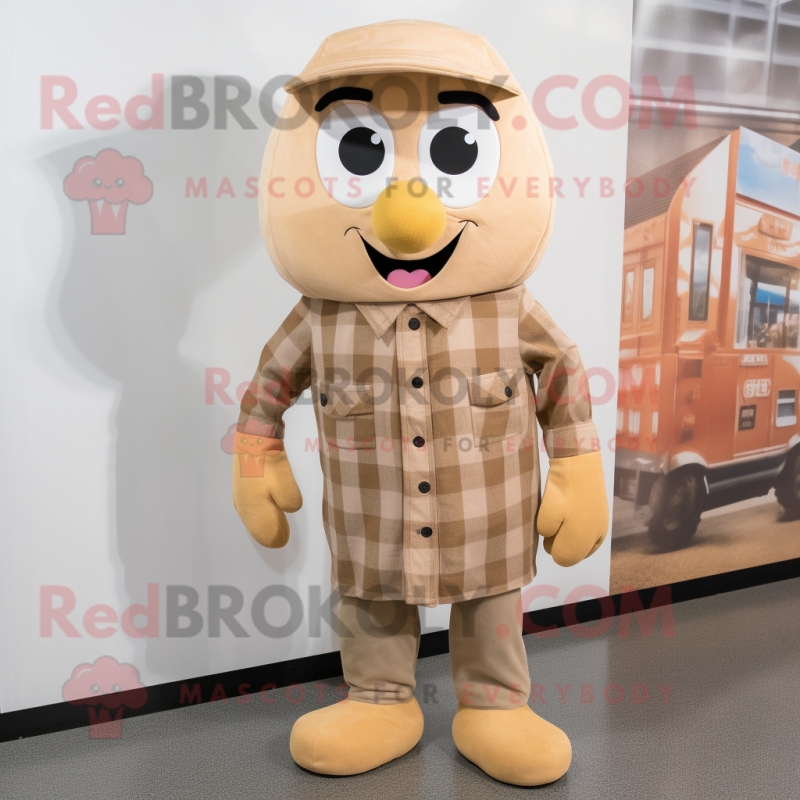 Tan Apricot mascot costume character dressed with a Flannel Shirt and Shoe laces