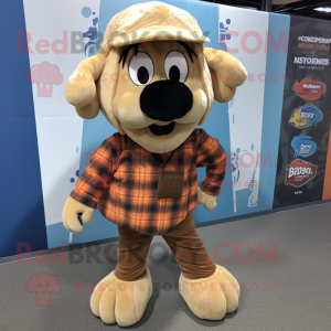 Tan Apricot mascot costume character dressed with a Flannel Shirt and Shoe laces