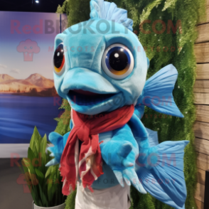 Turquoise Betta Fish mascot costume character dressed with a Chambray Shirt and Scarf clips