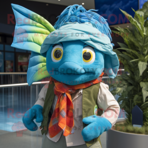 Turquoise Betta Fish mascot costume character dressed with a Chambray Shirt and Scarf clips