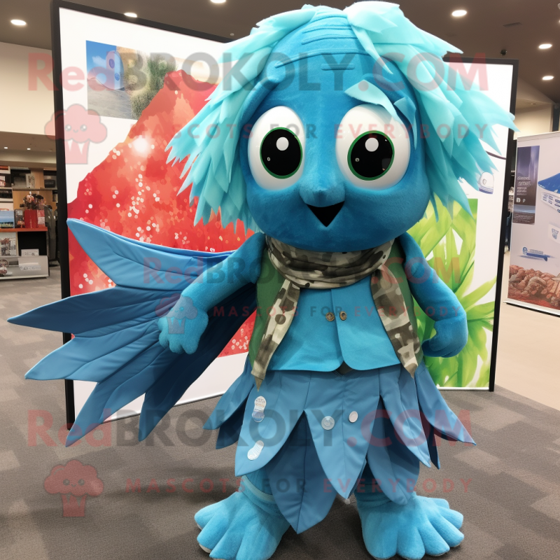 Turquoise Betta Fish mascot costume character dressed with a Chambray Shirt and Scarf clips