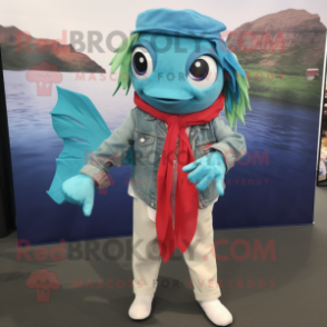 Turquoise Betta Fish mascot costume character dressed with a Chambray Shirt and Scarf clips