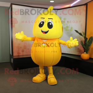 Yellow Pumpkin mascot costume character dressed with a Suit and Foot pads