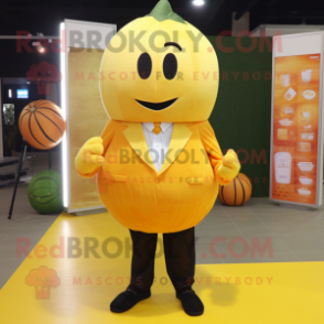 Yellow Pumpkin mascot costume character dressed with a Suit and Foot pads