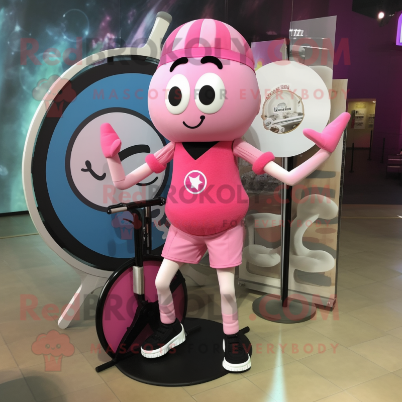 Pink Unicyclist mascot costume character dressed with a Tank Top and Brooches