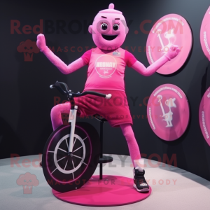 Pink Unicyclist mascot costume character dressed with a Tank Top and Brooches