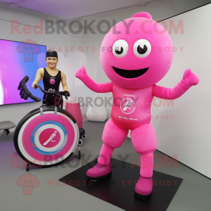 Pink Unicyclist mascot costume character dressed with a Tank Top and Brooches