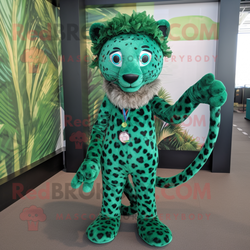 Forest Green Leopard mascot costume character dressed with a Bikini and Keychains Forest Green Leopard mascot costume character dressed with a Bikini and Keychains