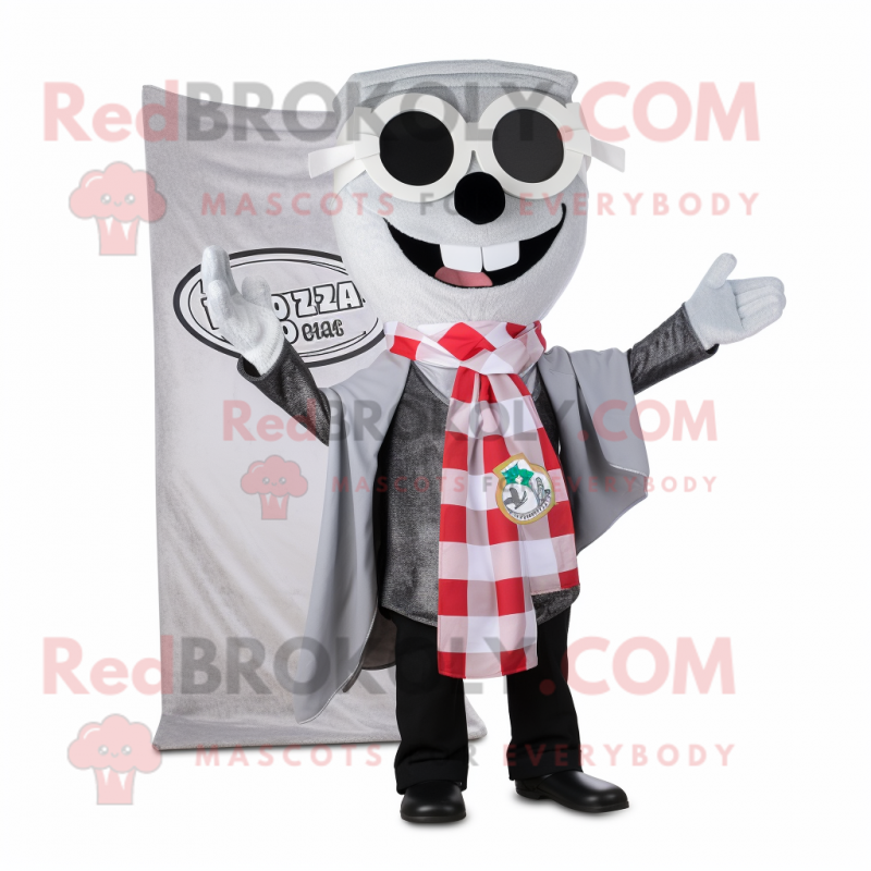 Silver Pizza mascot costume character dressed with a Blazer and Scarf clips Silver Pizza mascot costume character dressed with a Blazer and Scarf clips