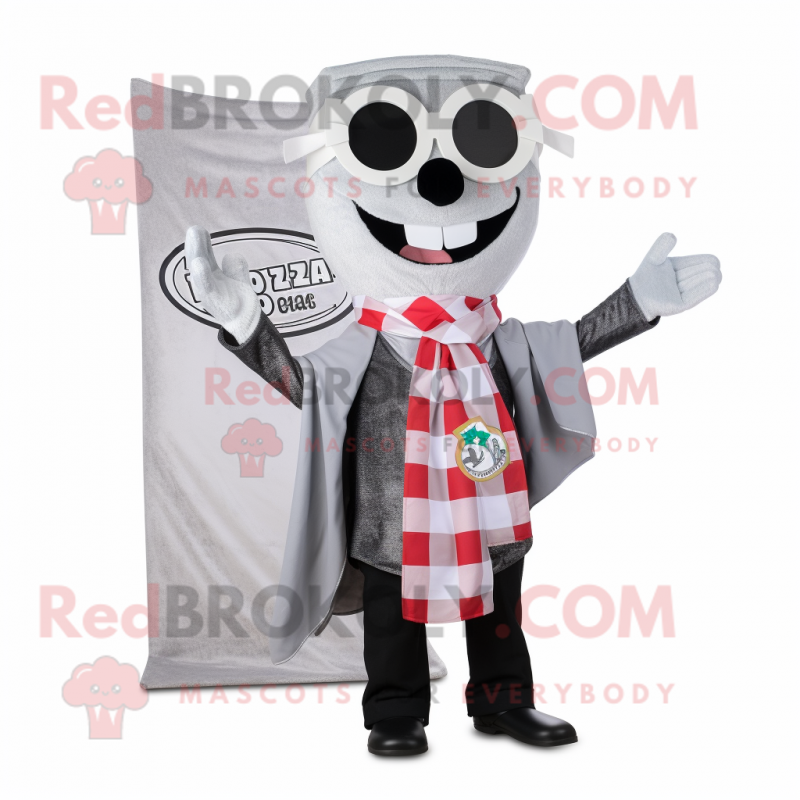 Silver Pizza mascot costume character dressed with a Blazer and Scarf clips