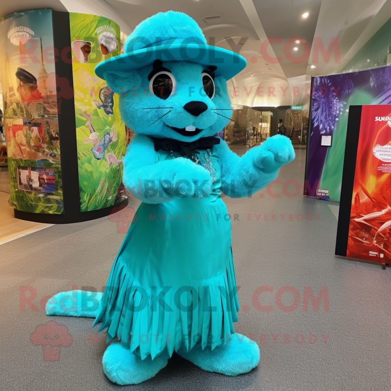 Turquoise Puma mascot costume character dressed with a Ball Gown and Hats