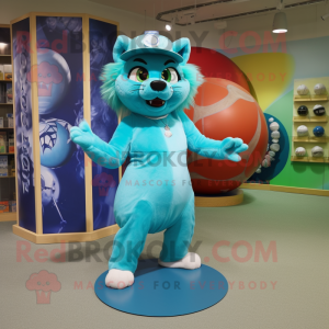 Turquoise Puma mascot costume character dressed with a Ball Gown and Hats