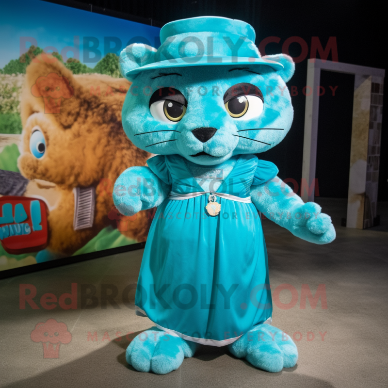 Turquoise Puma mascot costume character dressed with a Ball Gown and Hats