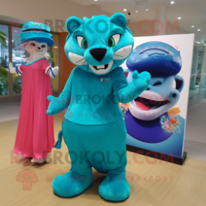 Turquoise Puma mascot costume character dressed with a Ball Gown and Hats