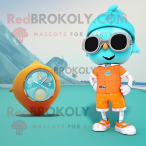 Cyan Apricot mascot costume character dressed with a One-Piece Swimsuit and Watches