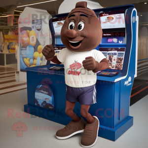 Navy Chocolate Bars mascot costume character dressed with a Running Shorts and Rings