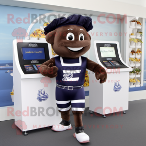 Navy Chocolate Bars mascot costume character dressed with a Running Shorts and Rings