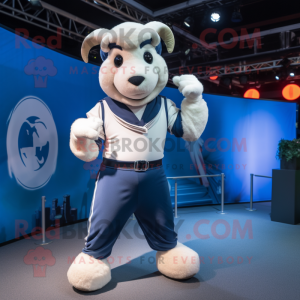 Navy Ram mascot costume character dressed with a Joggers and Suspenders