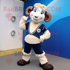 Navy Ram mascot costume character dressed with a Joggers and Suspenders